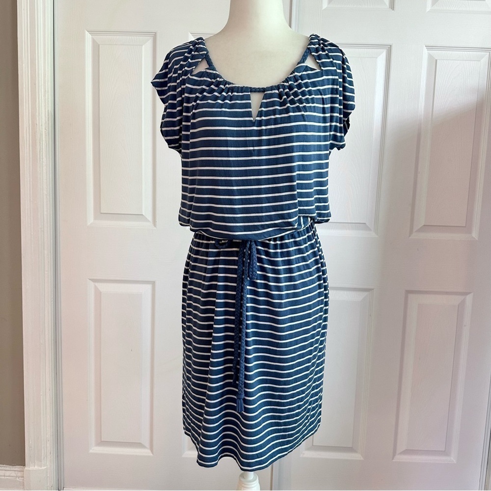 LOFT Blue and White Striped Tie Waist Knit Dress
